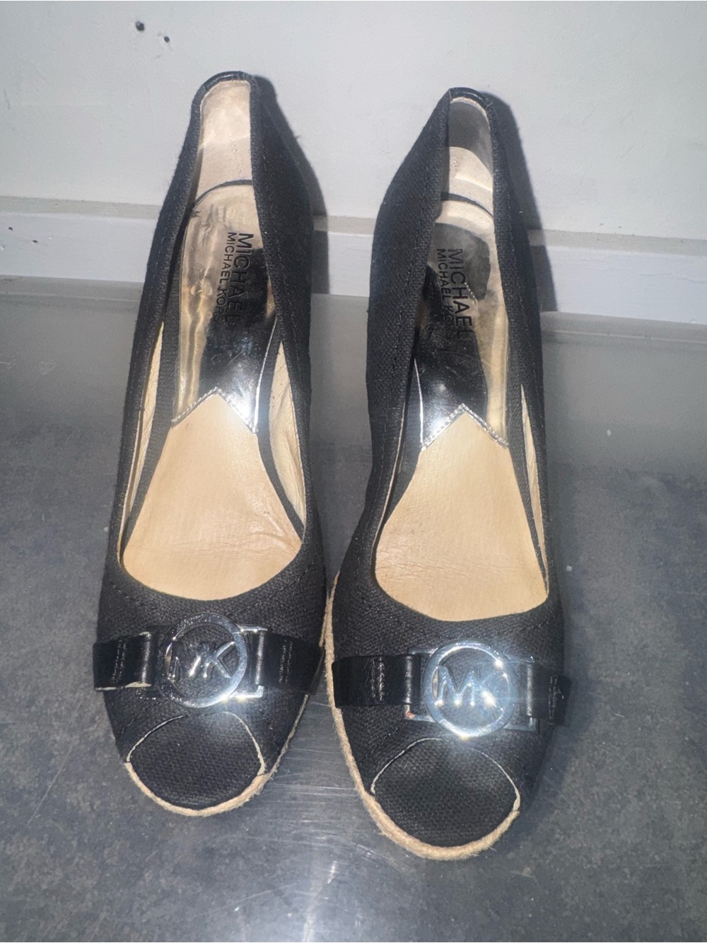 Michael Kors Black Peep-Toe Espadrille Wedge Pumps with MK Medallion